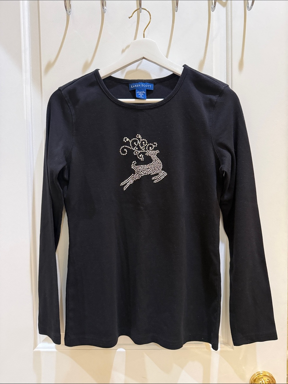 Karen Scott Long Sleeve Rhinestone Reindeer Embellished Top Rhinestone Deer Long